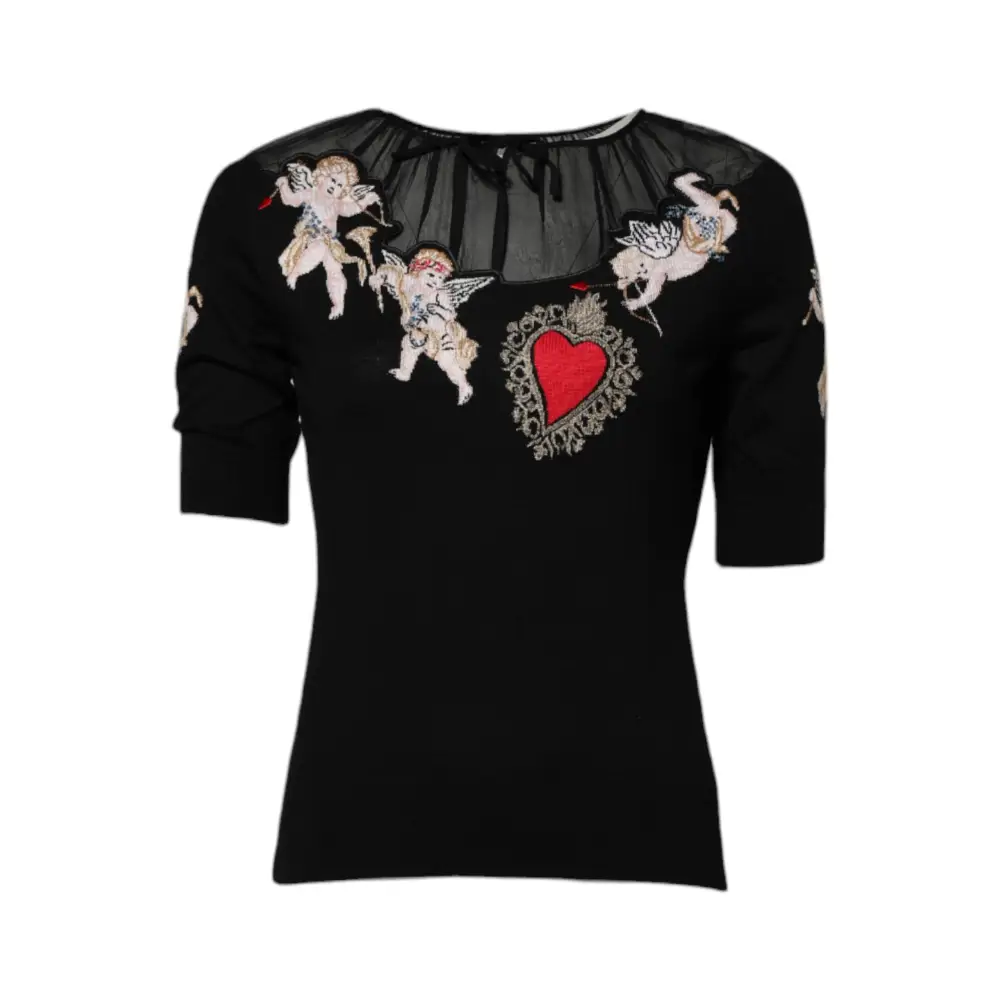 Dolce & Gabbana Black Sacred Heart Embroidered Crewneck Top - Sweaters