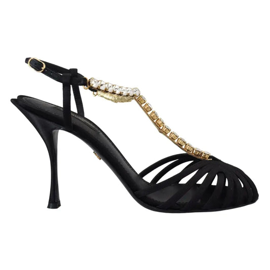 Dolce & Gabbana Black Satin Clear Crystal T-strap Sandal Shoes