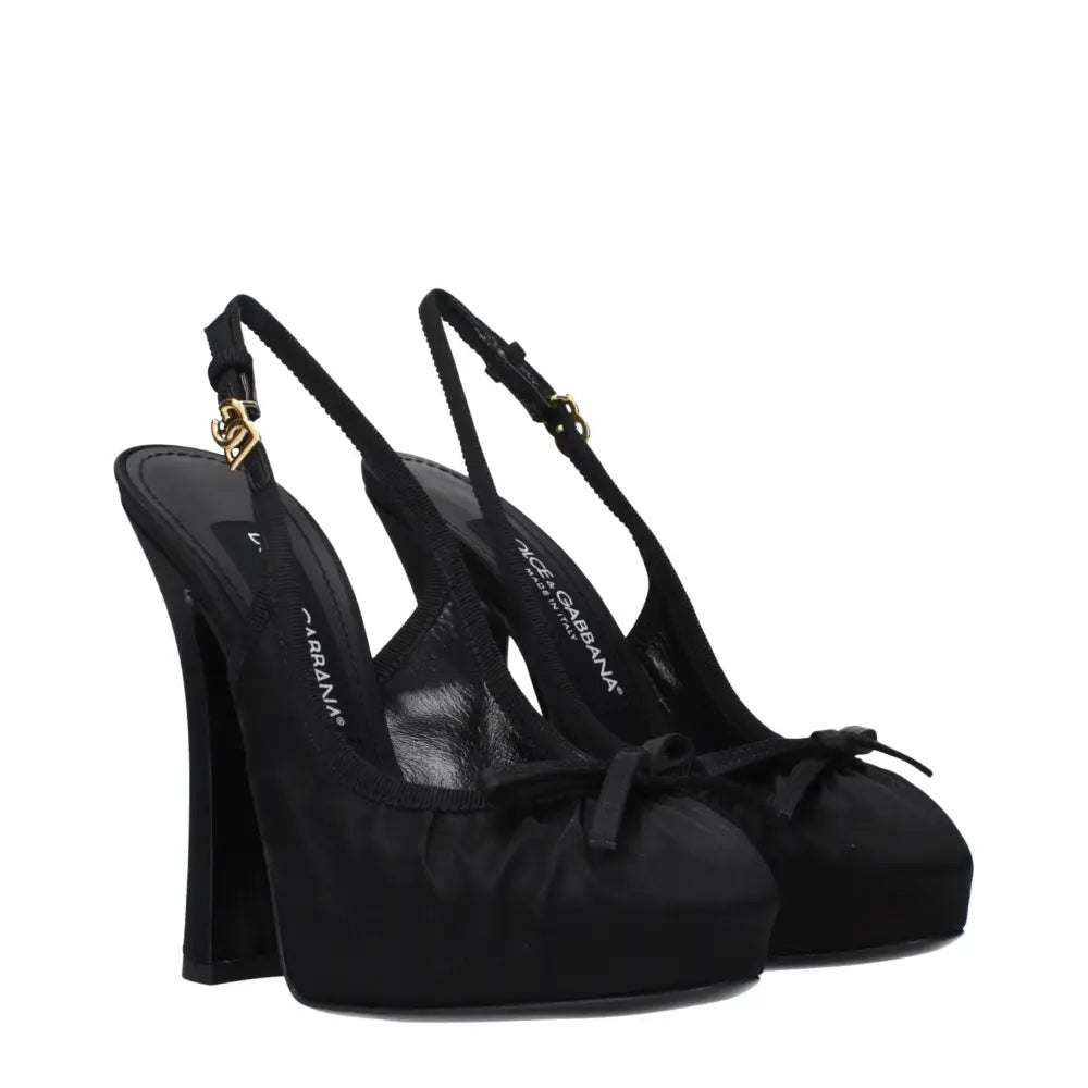 Dolce & Gabbana black satin high heel pumps with gold heart bow