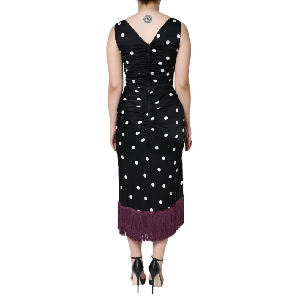Dolce & Gabbana Black Silk Polka Dot Vneck Tassel Midi Dress