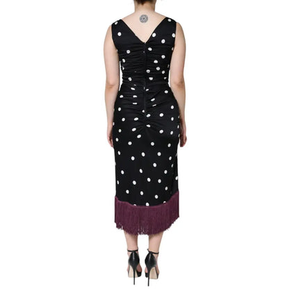 Dolce & Gabbana Black Silk Polka Dot Vneck Tassel Midi Dress