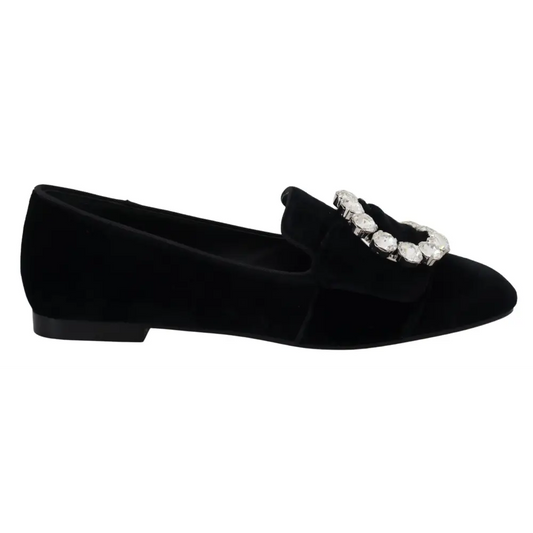 Dolce & Gabbana black velvet crystals loafers med krystaller på fremre strop