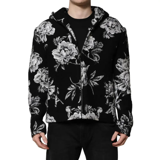 Dolce & Gabbana Black Wool Floral Printed Men Hooded Jacket