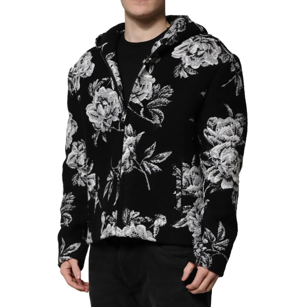 Dolce & Gabbana Black Wool Floral Printed Men Hooded Jacket