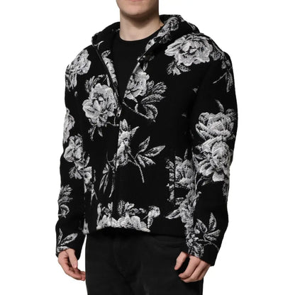 Dolce & Gabbana Black Wool Floral Printed Men Hooded Jacket