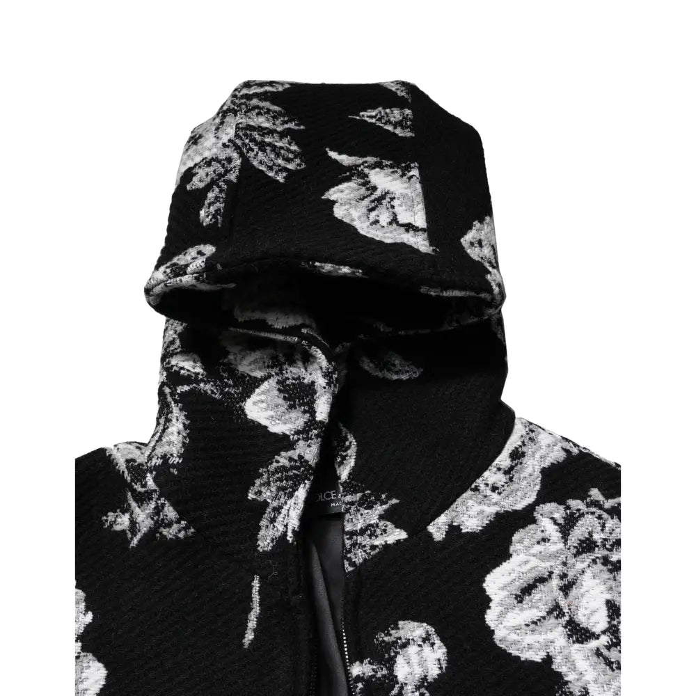 Dolce & Gabbana Black Wool Floral Printed Men Hooded Jacket