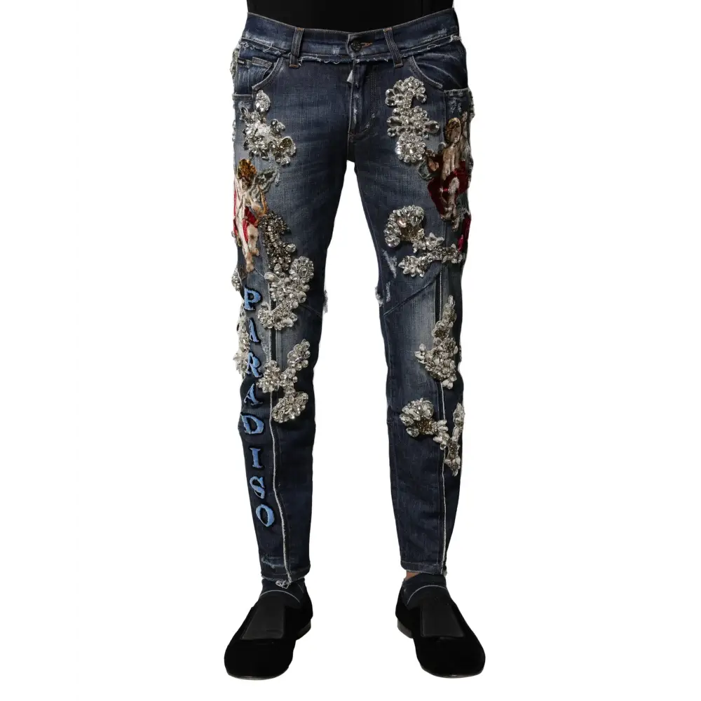 Dolce & Gabbana blue cotton rhinestone embellish denim jeans with silver floral embroidery