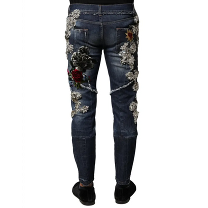 Mørkeblå denim jeans med blomstret broderi i rød, sort og sølv fra Dolce & Gabbana