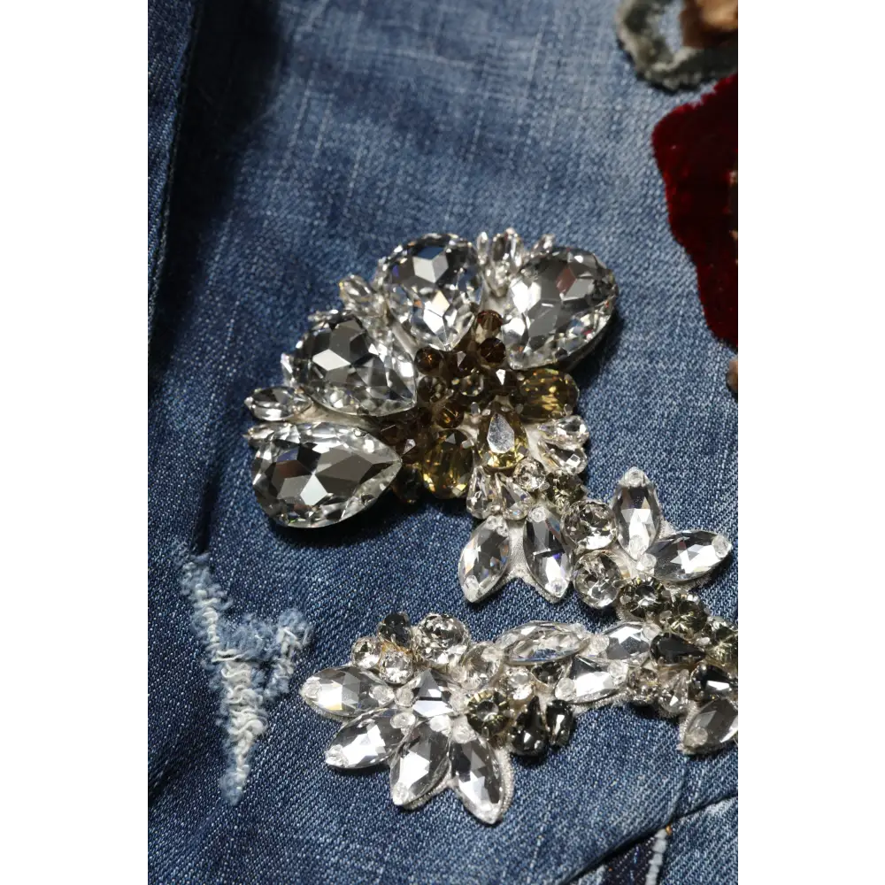 Dolce & Gabbana blue cotton rhinestone embellish jeans med floral brosje