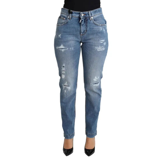 Dolce & Gabbana Blue Tattered Skinny Denim Cotton Blend Jeans