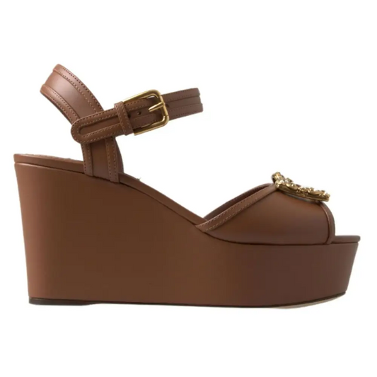 Dolce & Gabbana brown leather Amore wedges sandals with gold buckle