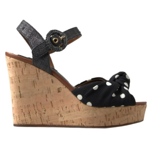 Sorte prikket Dolce & Gabbana bow-sandal med korkklæs og denimrem – 100% originale brands