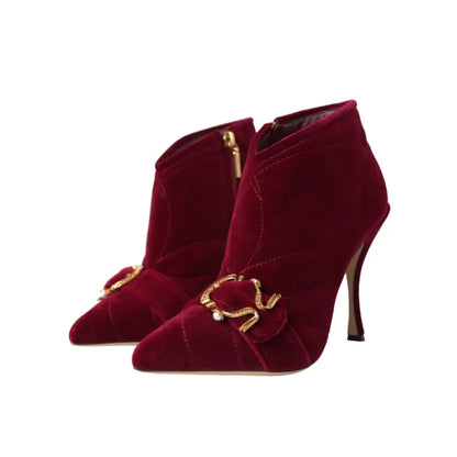 Dolce & Gabbana Dark Red Velvet Devotion Buckle Boots Shoes