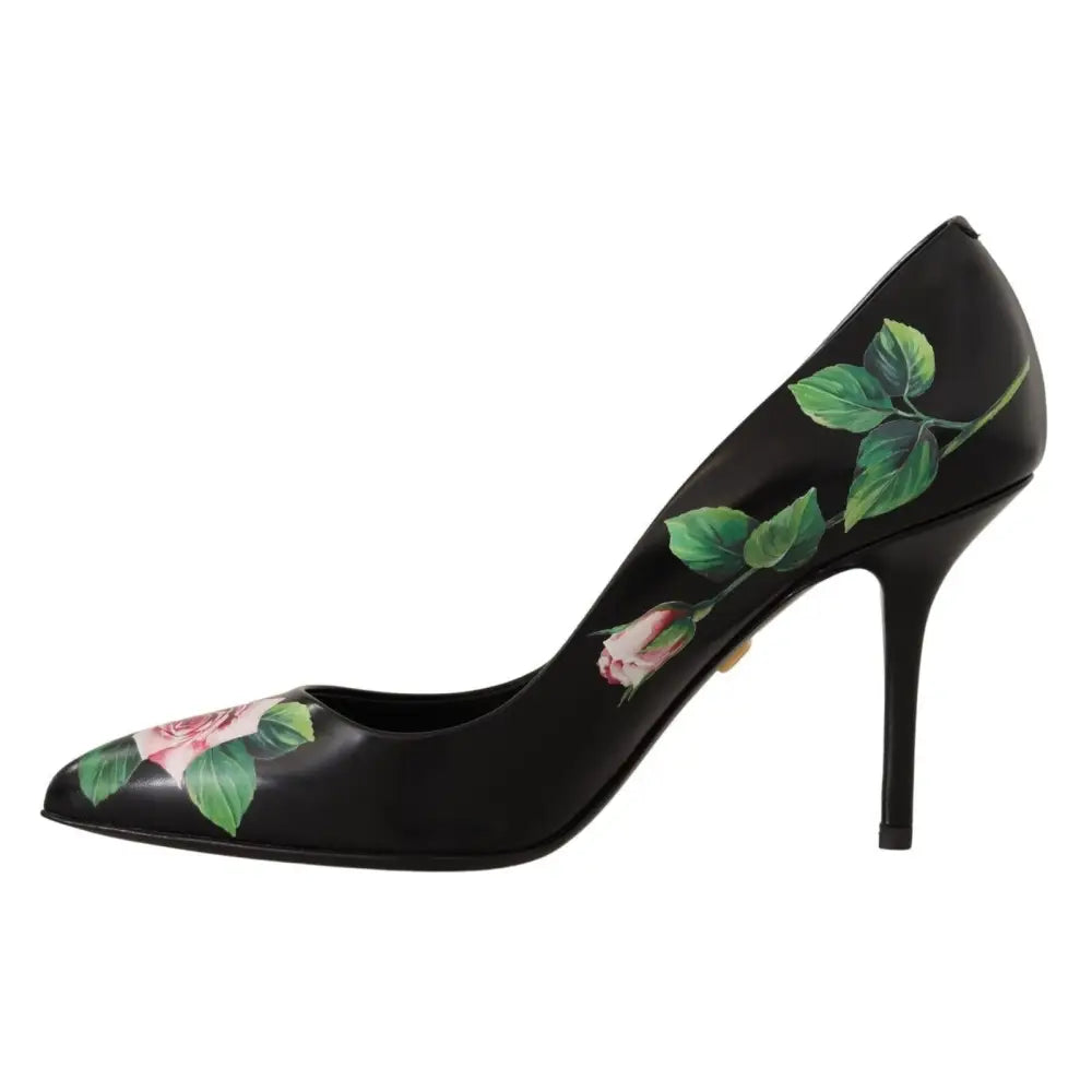 Dolce & Gabbana Elegant Black Rose Print Leather Heels