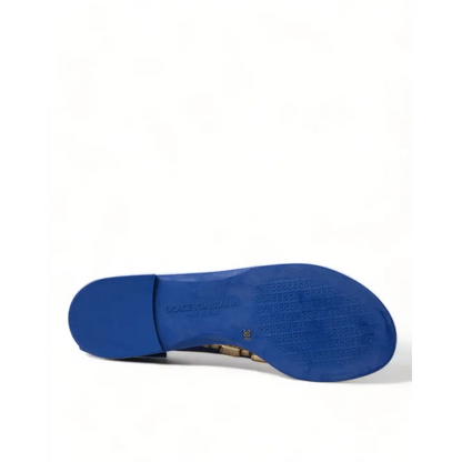 Dolce & Gabbana elegant blue læder flat sandals bagside med guld hæl