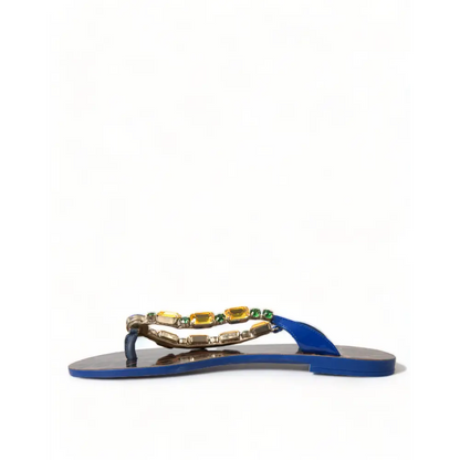 Dolce & Gabbana elegant blue leather flip-flop med gule og grønne sten