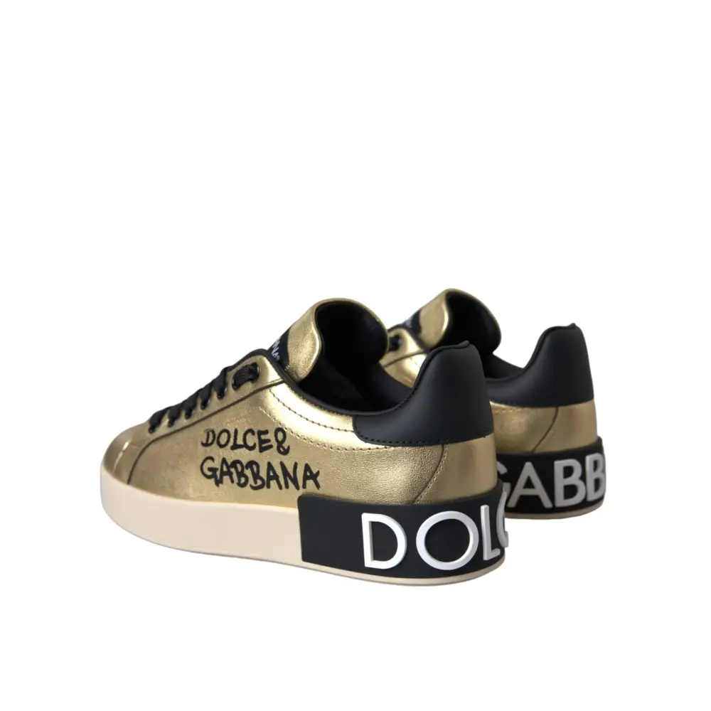 Gabbana gold Portofino calf leather sneakers with metallic finish and bold lettering
