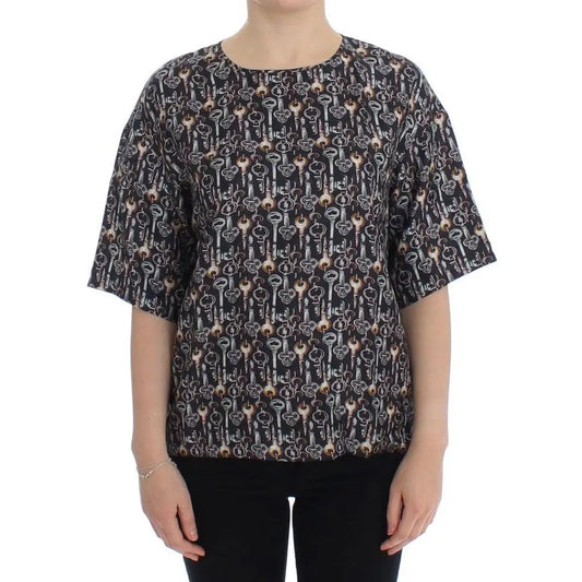 Dolce & Gabbana Gray Gold Key Print Silk Blouse T-shirt