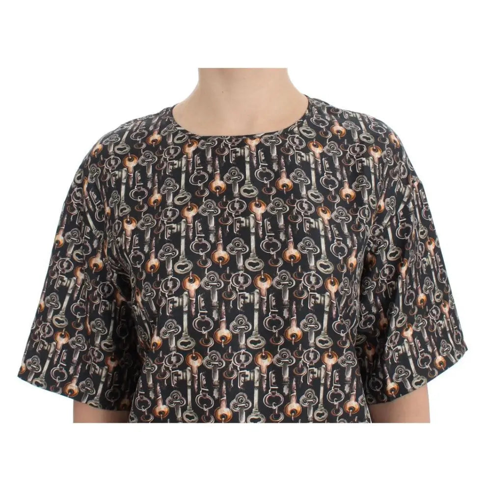 Dolce & Gabbana Gray Gold Key Print Silk Blouse T-shirt