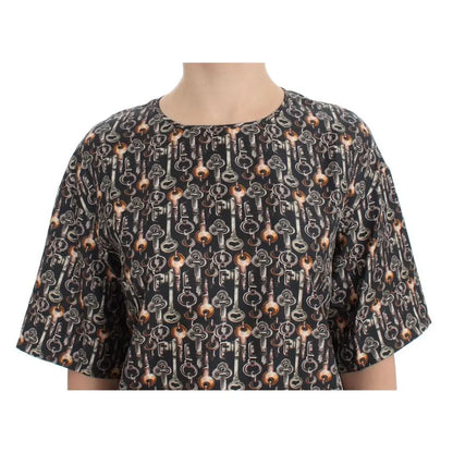 Dolce & Gabbana Gray Gold Key Print Silk Blouse T-shirt