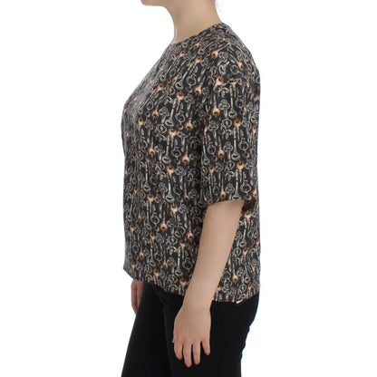 Dolce & Gabbana Gray Gold Key Print Silk Blouse T-shirt