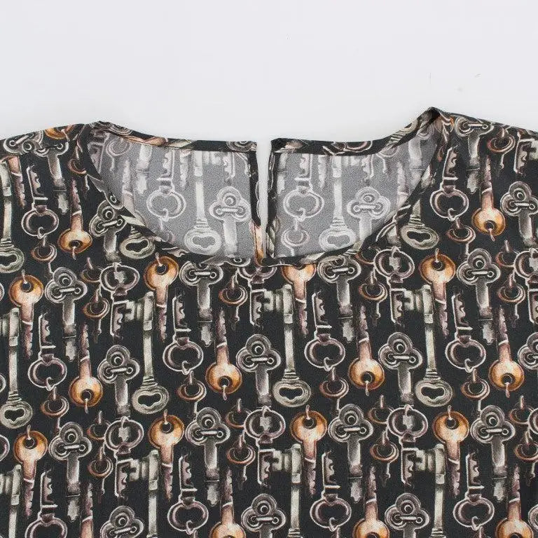 Dolce & Gabbana Gray Gold Key Print Silk Blouse T-shirt