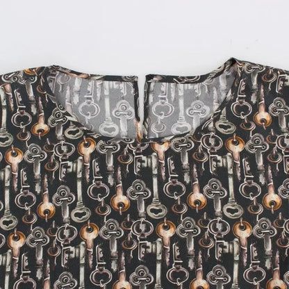 Dolce & Gabbana Gray Gold Key Print Silk Blouse T-shirt