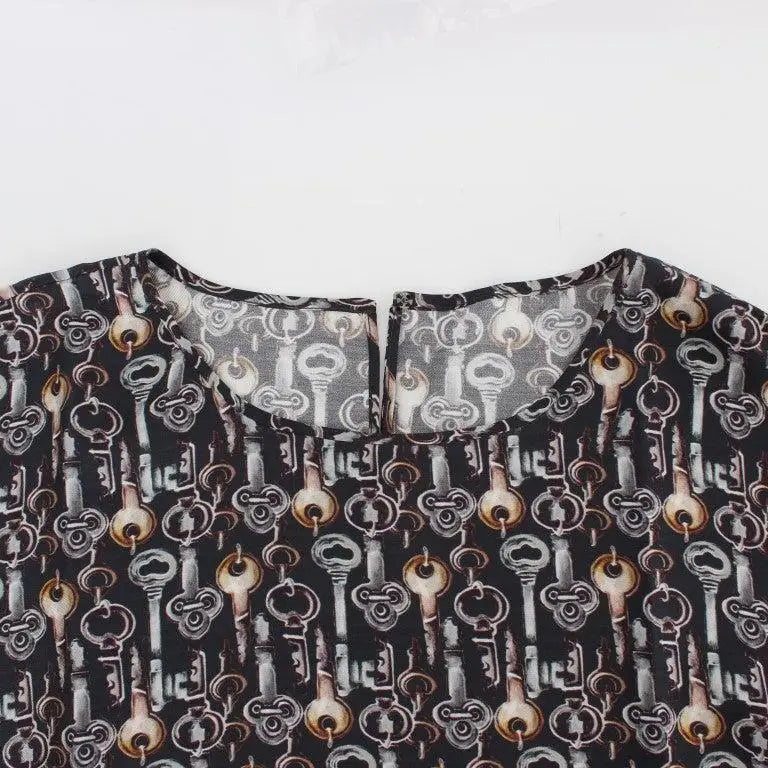 Dolce & Gabbana Gray Gold Key Print Silk Blouse T-shirt