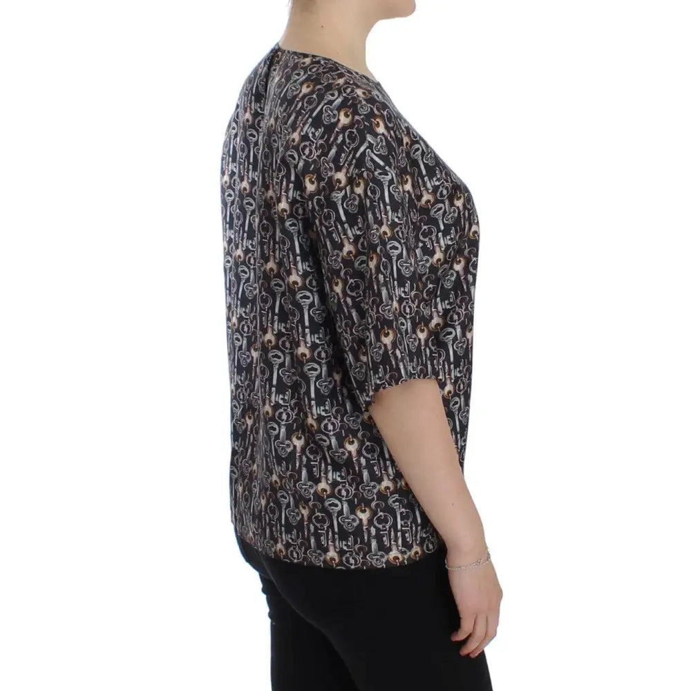 Dolce & Gabbana Gray Gold Key Print Silk Blouse T-shirt