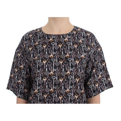 Dolce & Gabbana Gray Gold Key Print Silk Blouse T-shirt