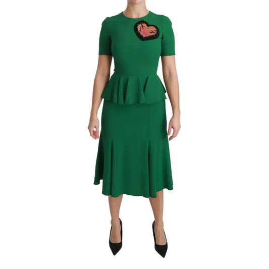 Dolce & Gabbana Green Heart Patch Mermaid Midi Viscose Dress