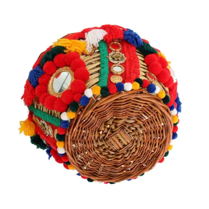 Dolce & Gabbana Multicolor AGNESE Straw Crystal Pom Pom Bag