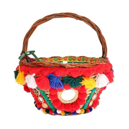 Dolce & Gabbana Multicolor AGNESE Straw Crystal Pom Pom Bag