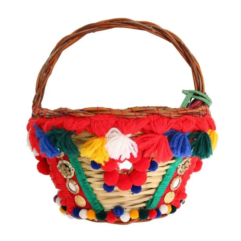 Dolce & Gabbana Multicolor AGNESE Straw Crystal Pom Pom Bag