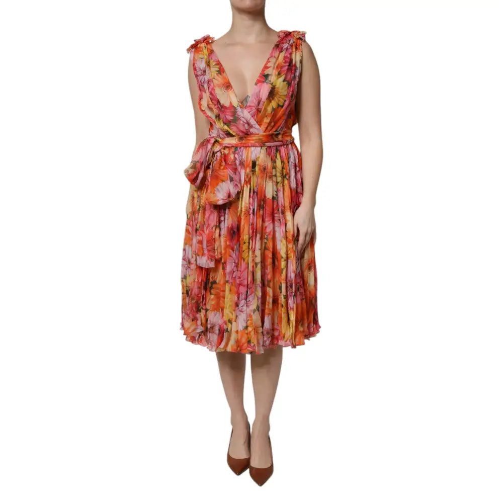 Dolce & Gabbana Multicolor Floral Silk V-neck Chiffon Dress