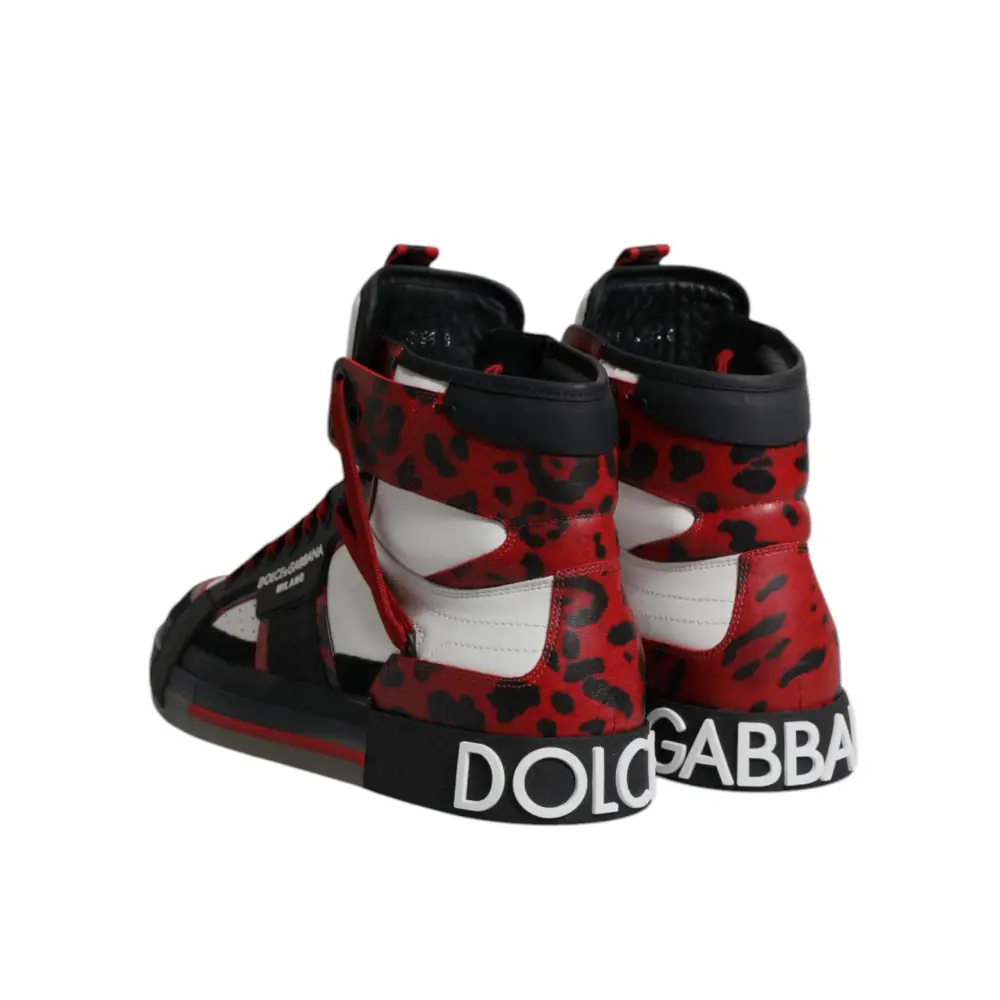 Dolce & Gabbana multicolor leather high top sneakers i rød-sort leopardprint