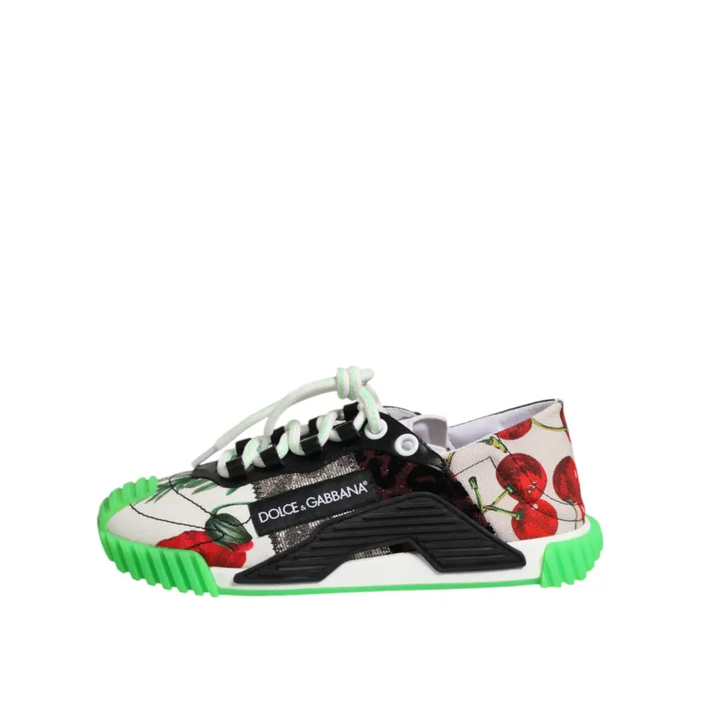 Dolce & Gabbana multicor DG logo leopard cherry sneakers in white canvas with red cherry print, black and neon green accents