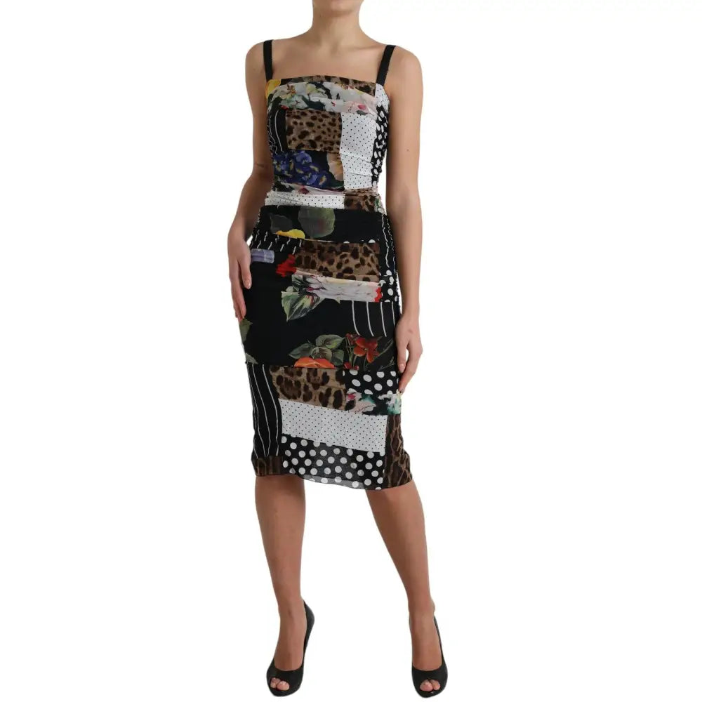 Dolce & Gabbana Multifarve Patchwork Midi Floral Leopard Bodycon Kjole