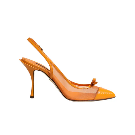 Dolce & Gabbana orange leather mesh heels slingback pump with transparent panel and bow