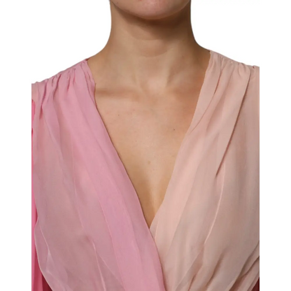 Dolce & Gabbana Pink Plunging V-neck Long Sleeves Blouse Top - Bluser