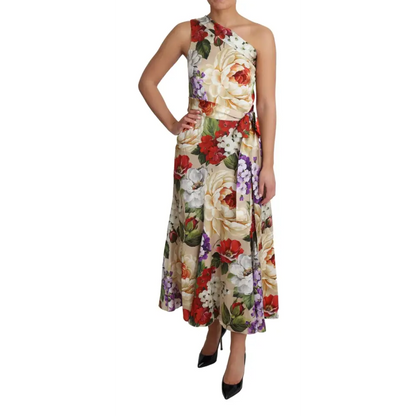 Dolce & Gabbana Print Silk Stretch One Shoulder Dress Floral