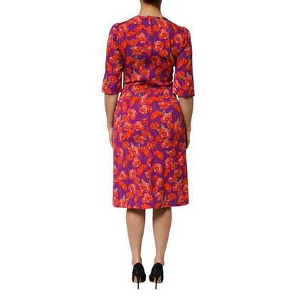 Dolce & Gabbana lilla silkeblomstrede midi-figursyet kjole med valmuer