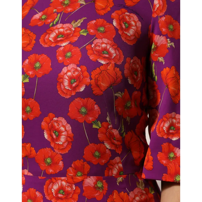 Dolce & Gabbana lilla silkeblomstrede midi-figursyet kjole med røde valmuer