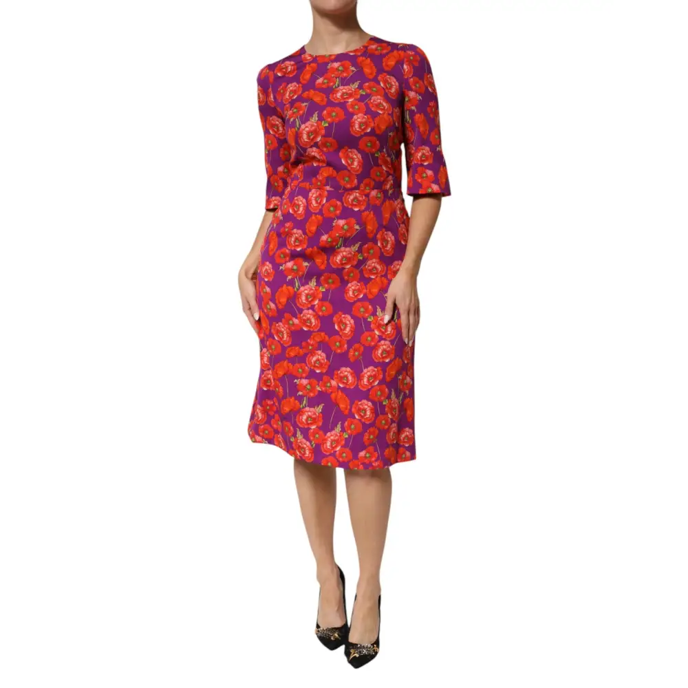 Dolce & Gabbana lilla silkeblomstrede midi-figursyet kjole