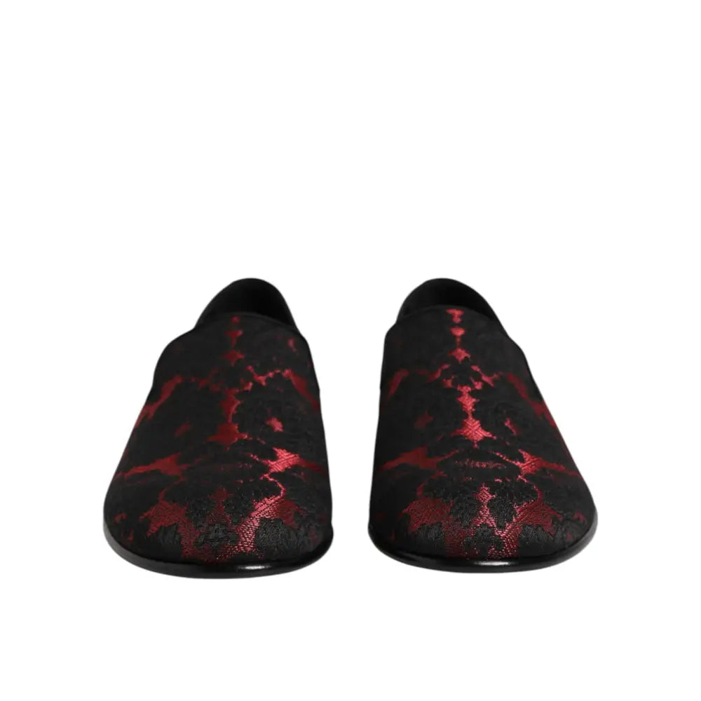 Dolce & Gabbana Red Black Jacquard Slip On Loafers Shoes