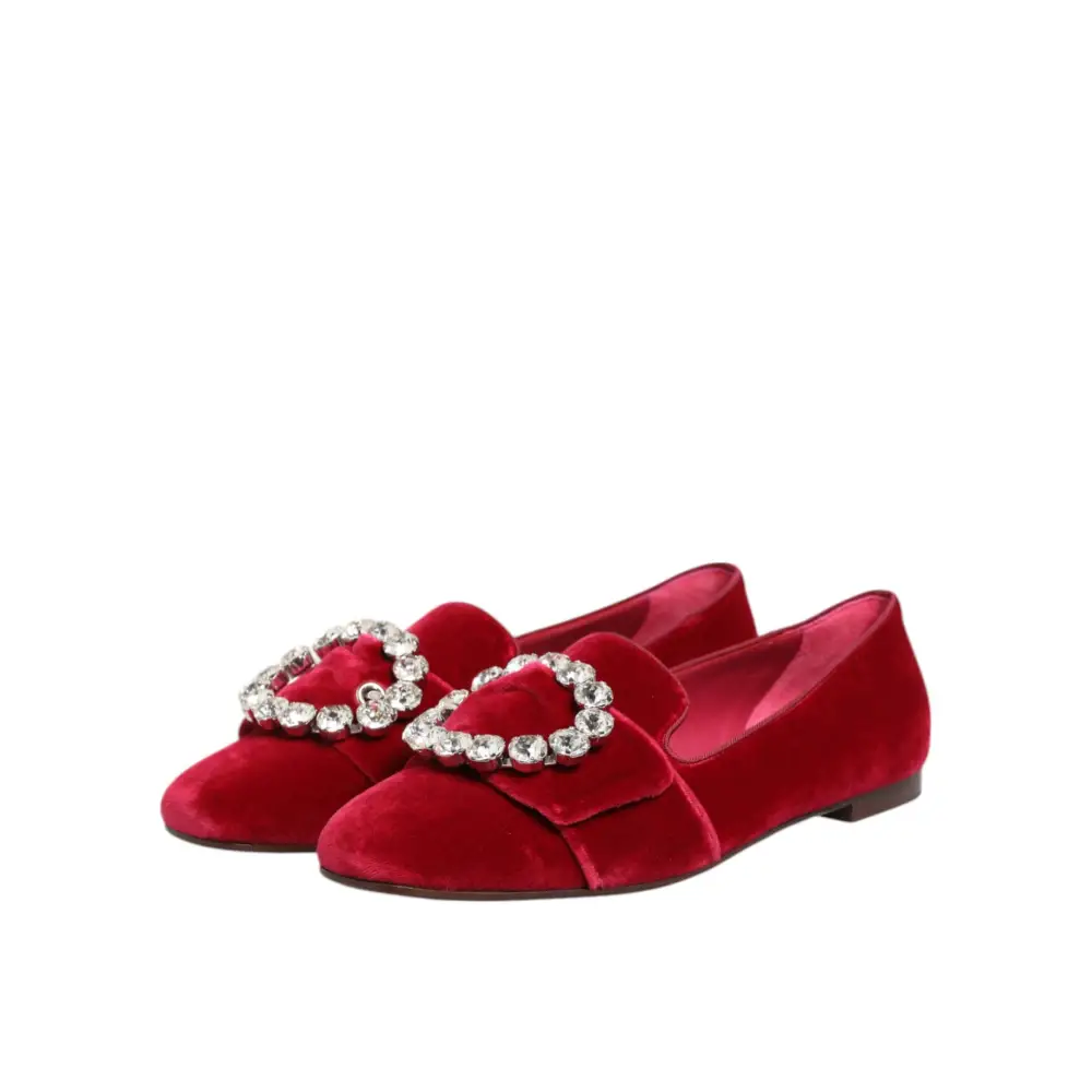 Dolce & Gabbana red velvet crystal buckle loafers med hjertekrystaller