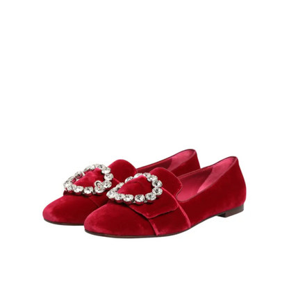 Dolce & Gabbana red velvet crystal buckle loafers med hjertekrystaller