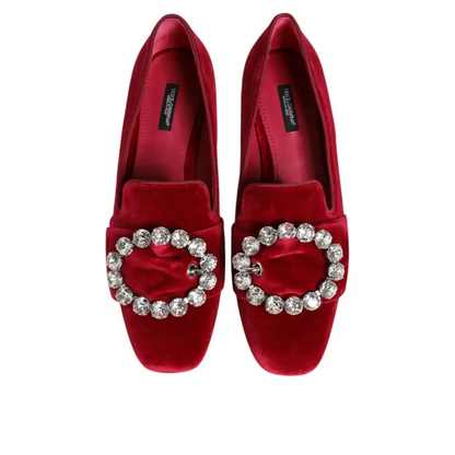 Dolce & Gabbana red velvet crystal buckle loafers med cirkulært spænde