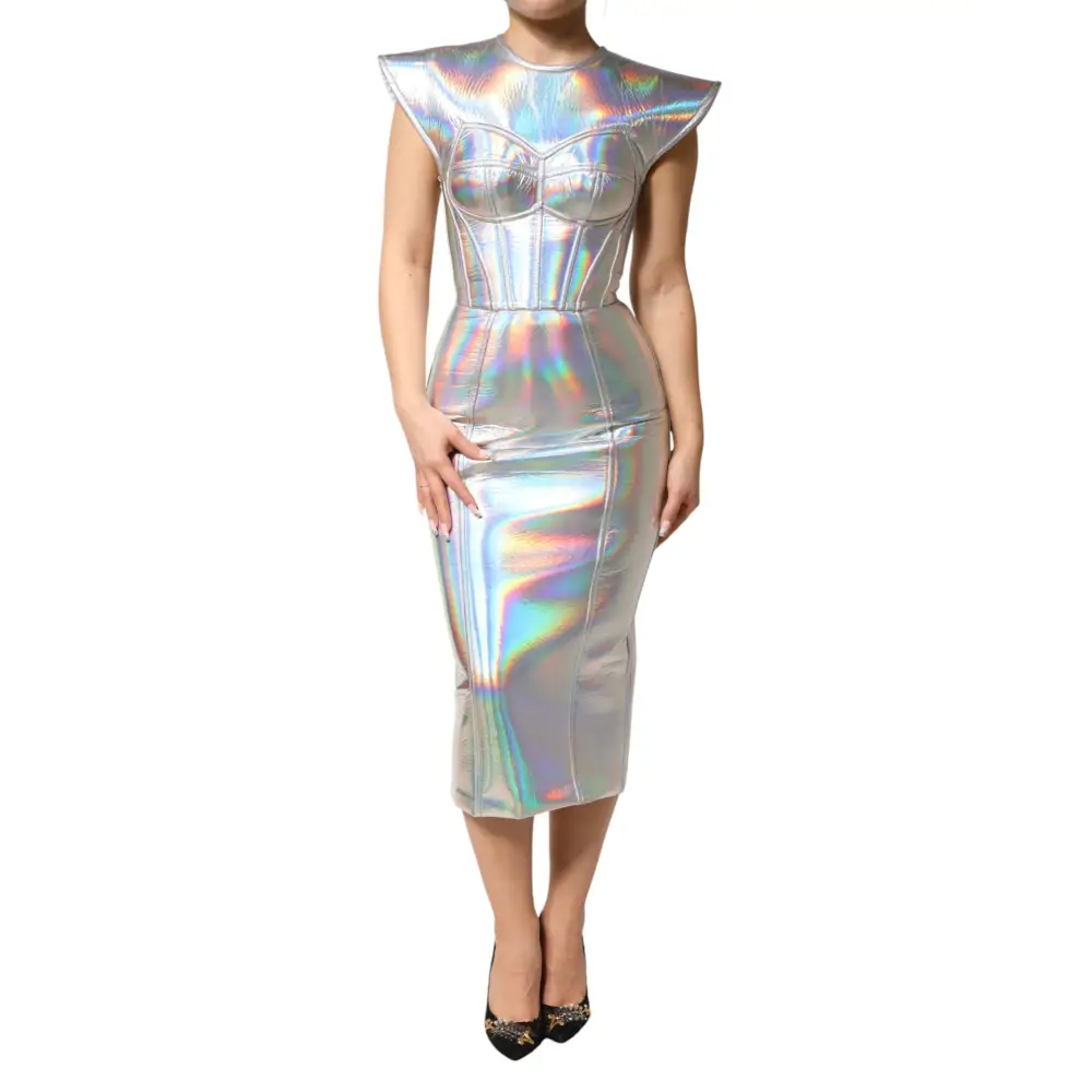 Dolce & Gabbana sølv iridescens bodycon midi kjole med holografisk blyantskørt