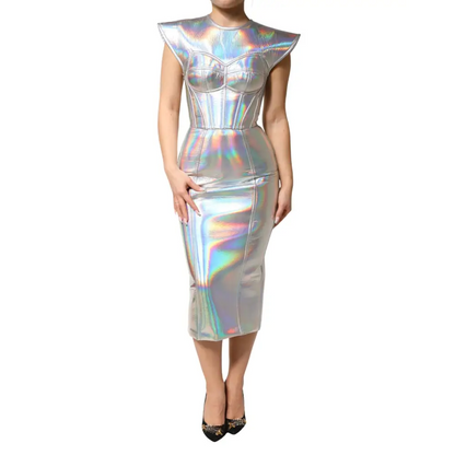 Dolce & Gabbana sølv iridescens bodycon midi kjole med holografisk blyantskørt